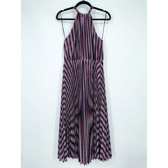 Lucy Paris Rebecca Striped Pleated Halter Midi Dress Purple NWT - Picture 7 of 16